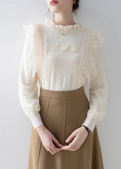 Boutique Beige Ruffled Patchwork Lace Top Spring