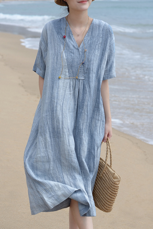 Summer Color Dress Cotton Linen Half Sleeve Long Dress
