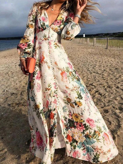 V Neck Button Maxi Dress Lantern Sleeve