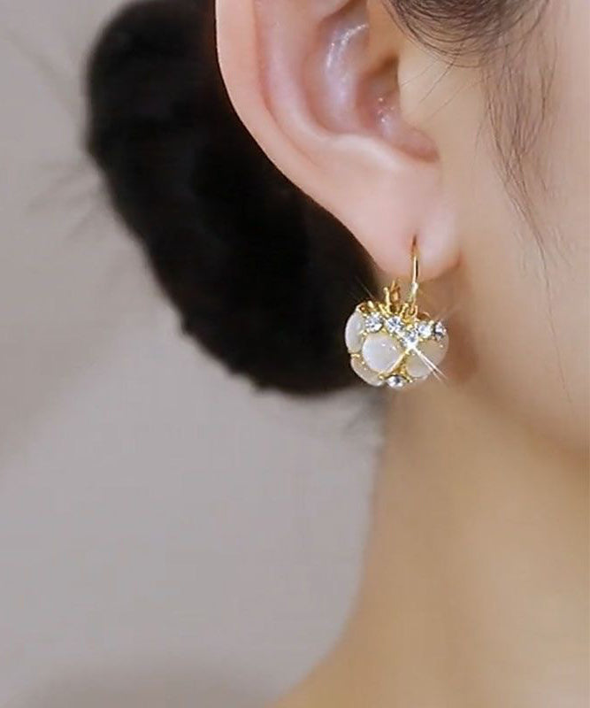Gold Sterling Silver Overgild Cat Eye Stone Flower Basket Hoop Earrings