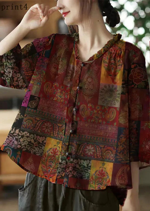 Pink-print3 V Neck Ruffled Print Linen Blouse Top Half Sleeve