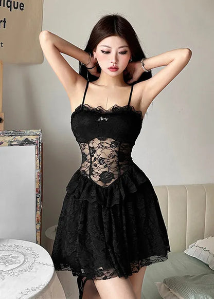 Black Ruffled Patchwork Lace Spaghetti Strap Dress Summer