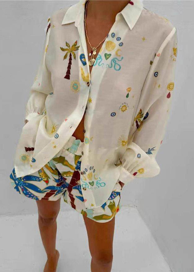 Multicolor Peter Pan Collar Print Shirts and Shorts Two Pieces Set Spring