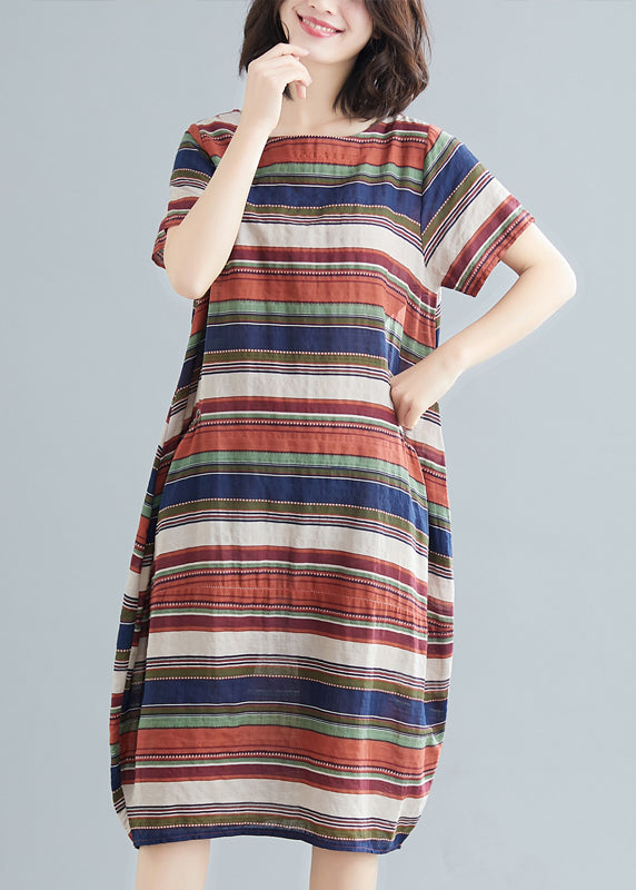 Italian Red Striped O-neck Cotton Maxi Dress Short Sleeve