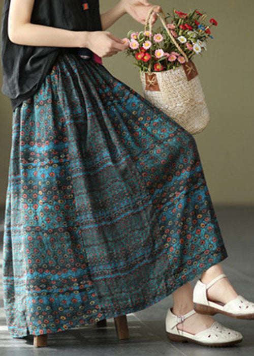 Blue Elastic Waist Print Patchwork Linen Skirts Summer