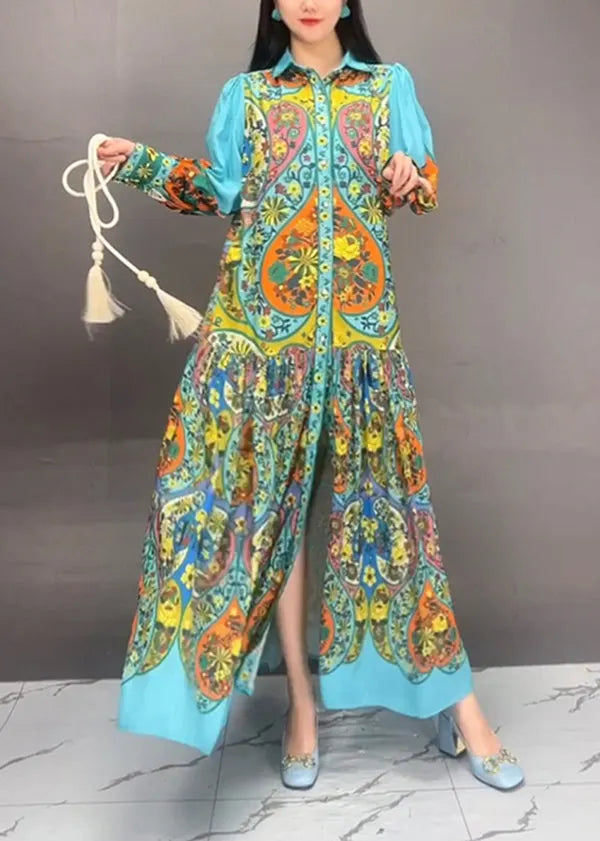 Blue Peter Pan Collar Button Print Cotton Long Dress Fall