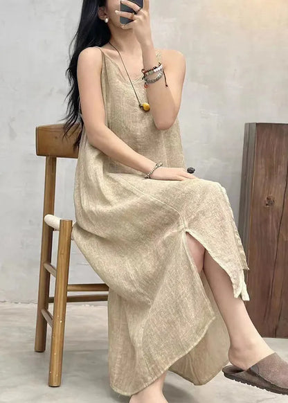 Loose Apricot V Neck Linen Spaghetti Strap Dress Sleeveless