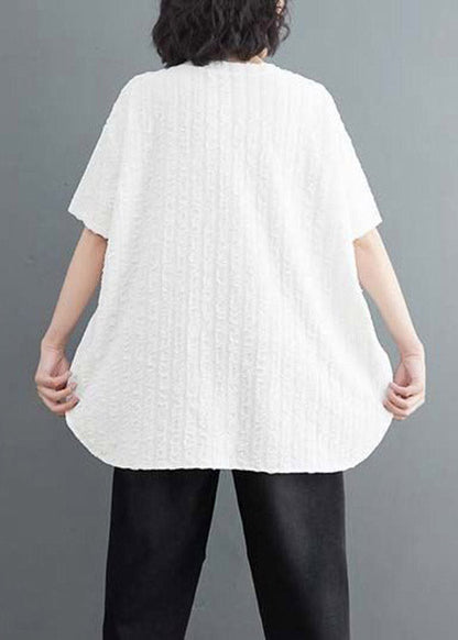 White O-neck Side Open Cotton Top Short Sleeve