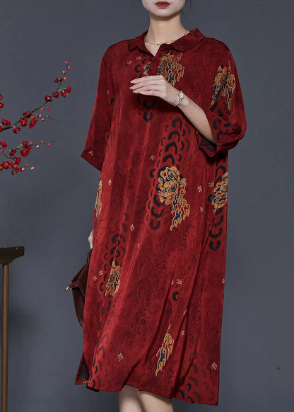 Mulberry Print Draping Silk Dress Peter Pan Collar Summer
