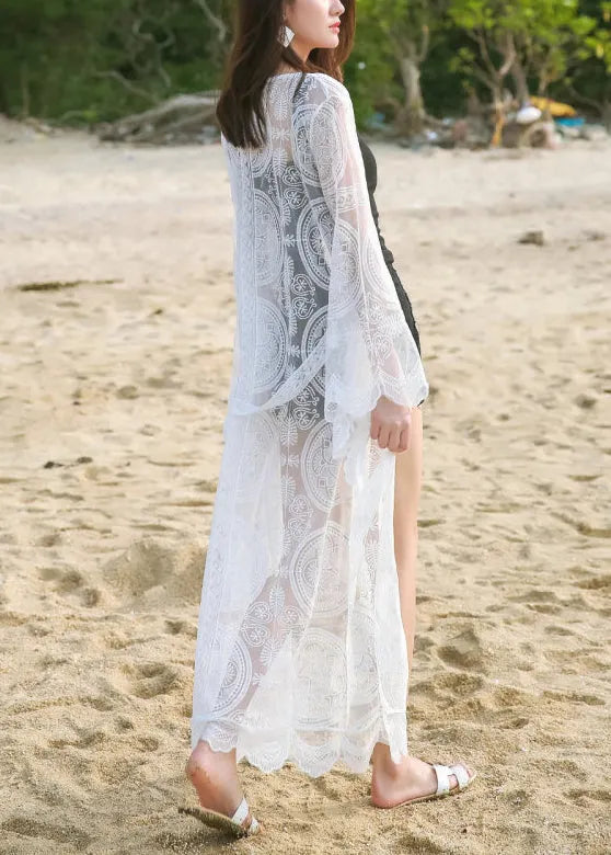 White Embroidered Tie Waist Lace Loose Cardigans Summer