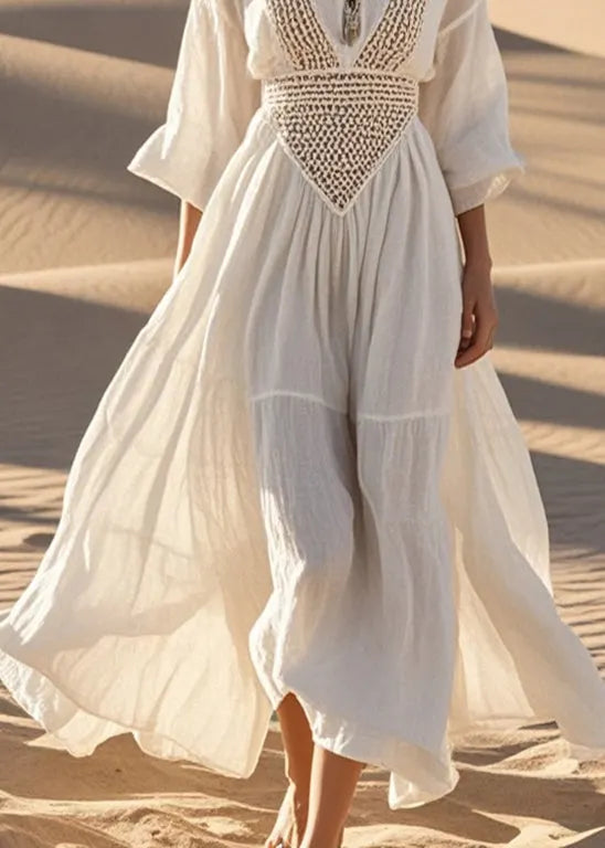 White Hollow Out Exra Large Hem Cotton Maxi Dress Fall