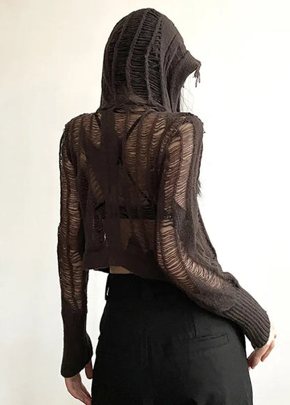 Handmade Coffee Hole Knit Hooded Top Long Sleeve