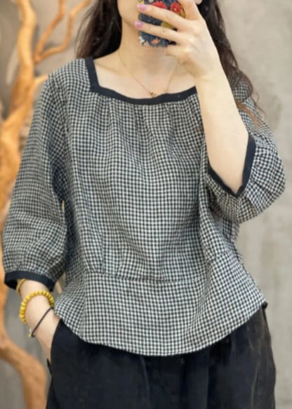 Loose Black Plaid O-neck Patchwork Shirt Bracelet Sleeve