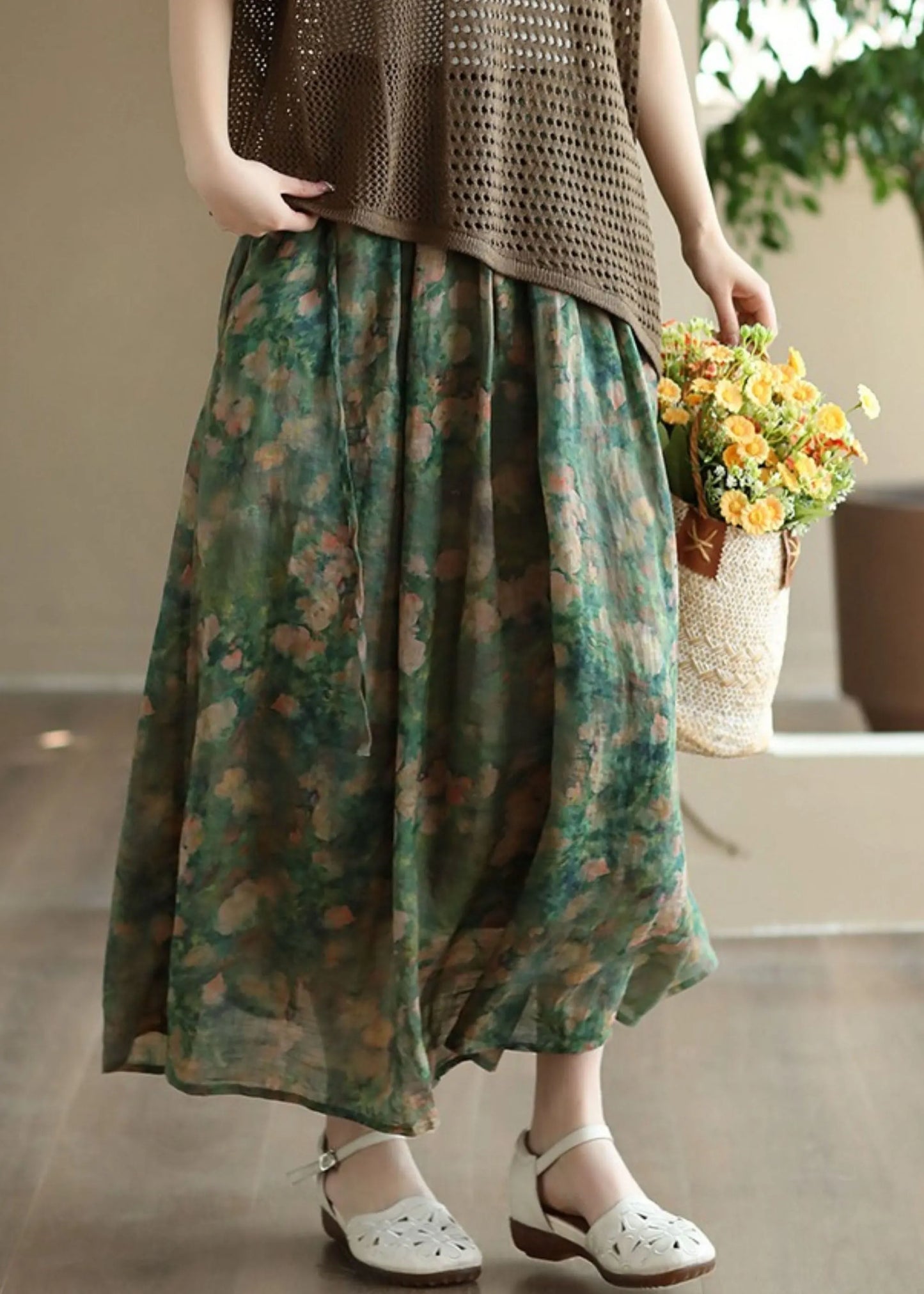 Green Wrinkled Pockets Patchwork Linen Skirts Summer