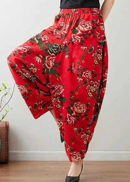 Handmade Red Print Cozy Waist Wide Pants