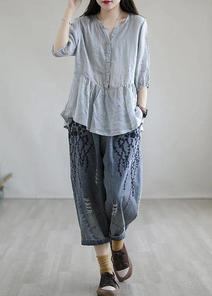 Blue Embroidered Summer Denim Pants