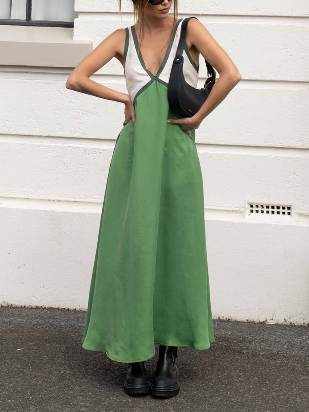 V-neck Contrasting Color Splicing Dress
