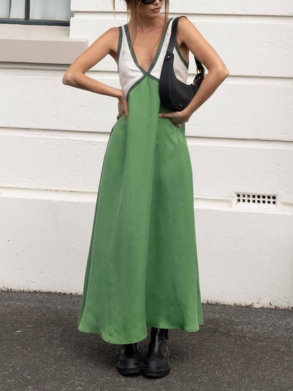 V-neck Contrasting Color Splicing Dress