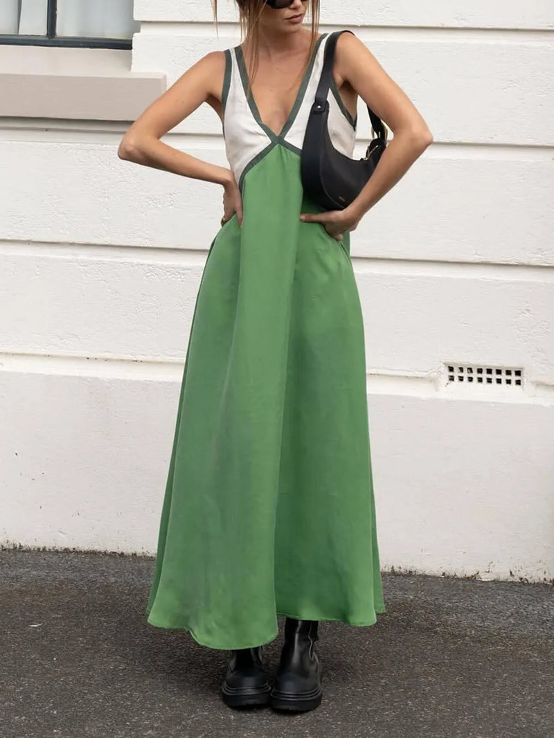 V-neck Contrasting Color Splicing Dress