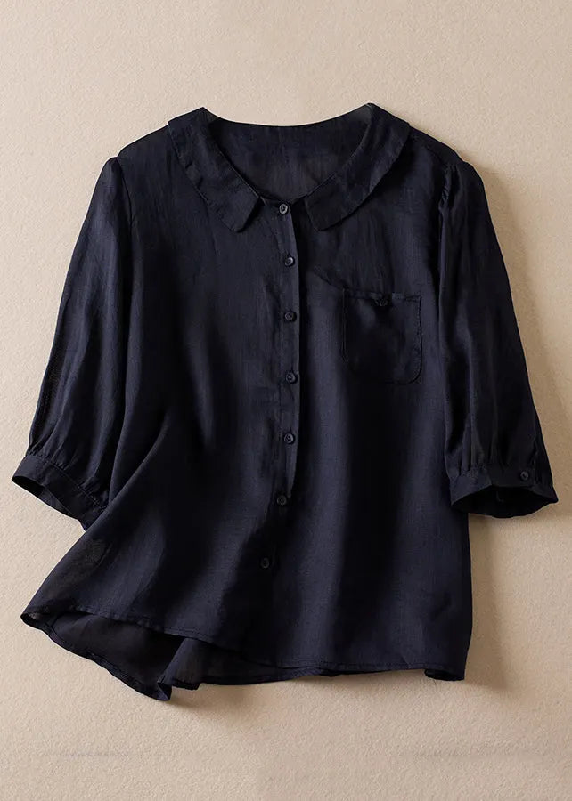 Pink Peter Pan Collar Button Linen Shirt Bracelet Sleeve