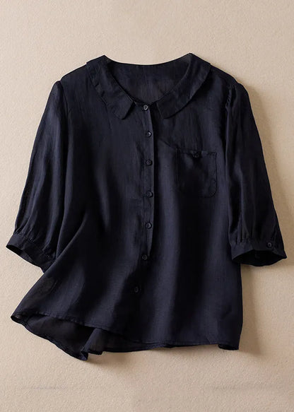 Pink Peter Pan Collar Button Linen Shirt Bracelet Sleeve