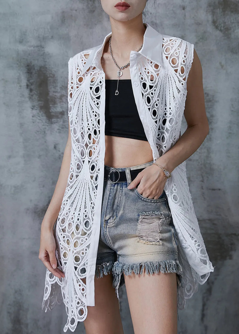 White Hollow Out Lace Cardigan Sleeveless
