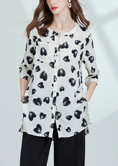Loose Black Print Side Open Chiffon Blouses Bracelet Sleeve