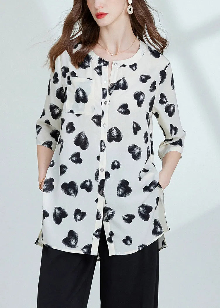 Loose Black Print Side Open Chiffon Blouses Bracelet Sleeve
