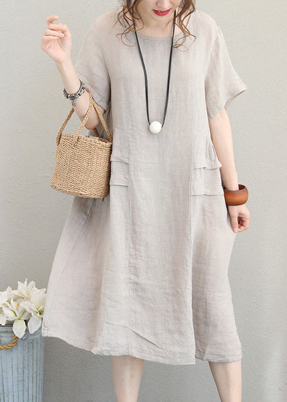 Fine Beige Linen Dress Linen Clothing Dresses O Neck Patchwork Cotton Dress