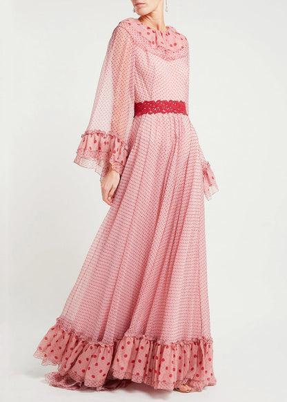 Pink Ruffled Dot Patchwork Chiffon Dresses Spring