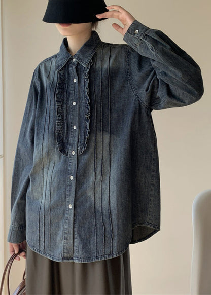 Blue Ruffled Button Denim Shirt Fall