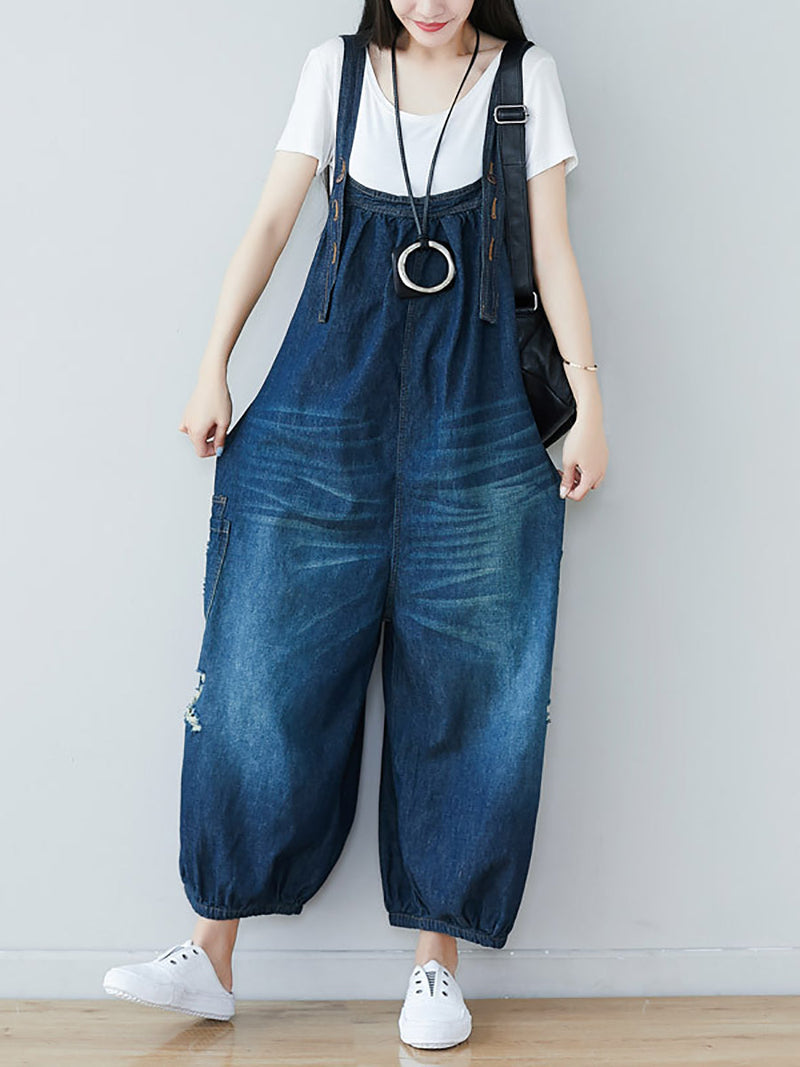 Summer Retro Frayed Washed Denim Jumpsuits