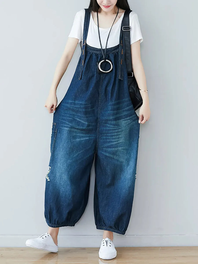Summer Retro Frayed Washed Denim Jumpsuits