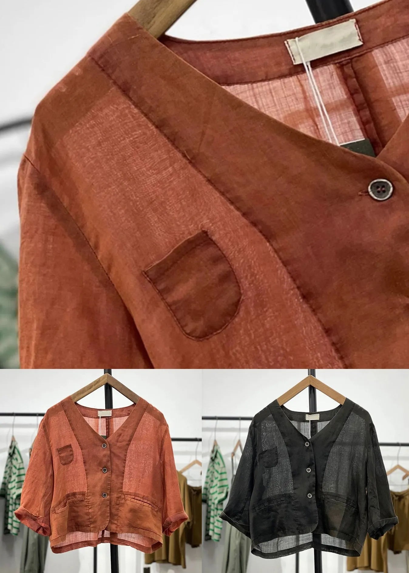 Orange Button Pockets Linen Cardigan Spring