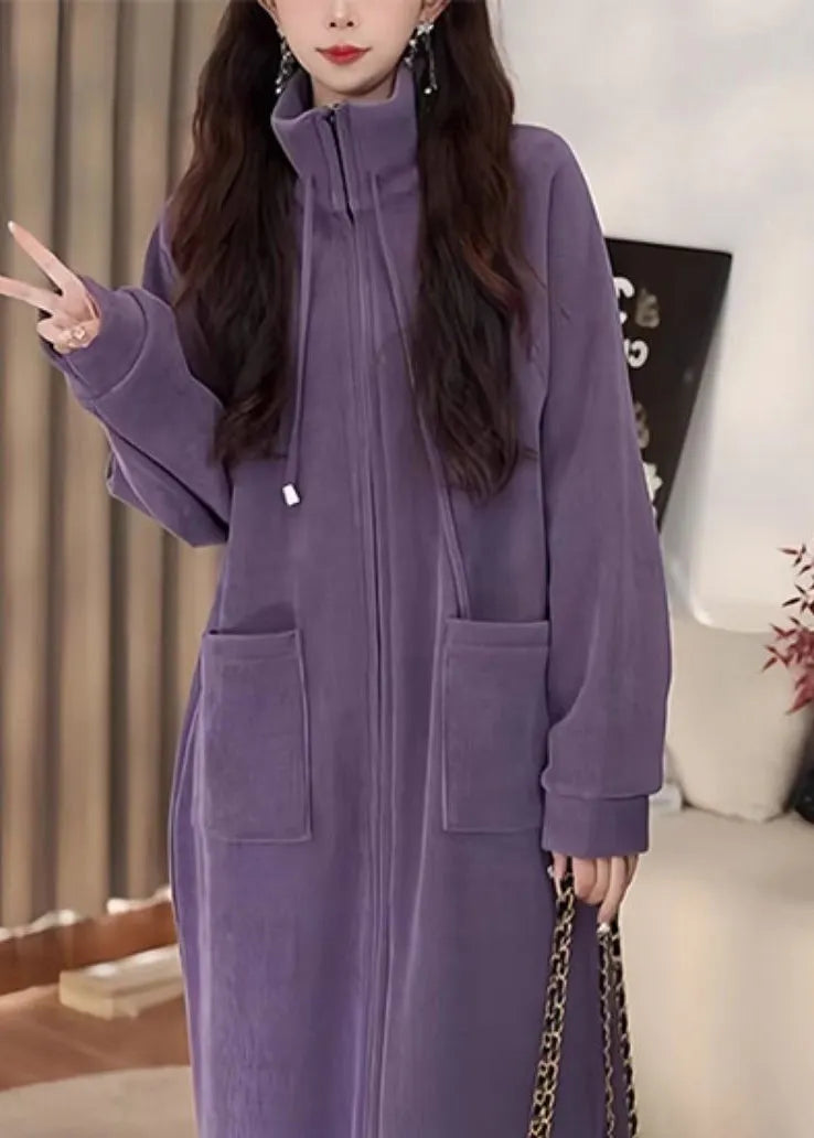 Purple Stand Collar Zippered Pockets Patchwork Corduroy Long Coats Winter