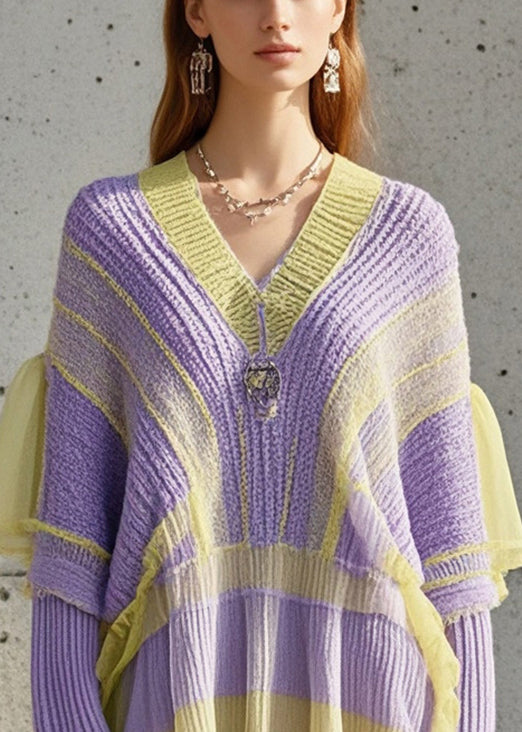 Purple Oversized Patchwork Tulle Knitted Dress Fall
