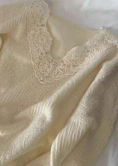 French Apricot V Neck Lace Patchwork Knit Tops Autumn
