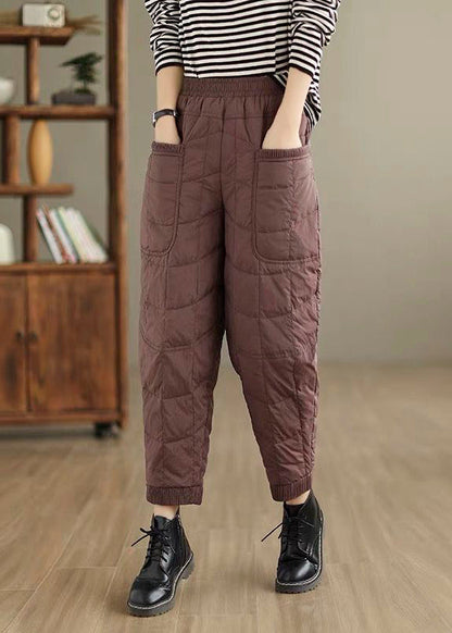 Coffee Plaid Thick Cotton Filled Pants Elastic Waist