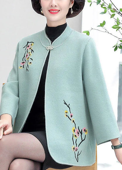 Light Blue Stand Collar Embroideried Woolen Cardigans Long Sleeve