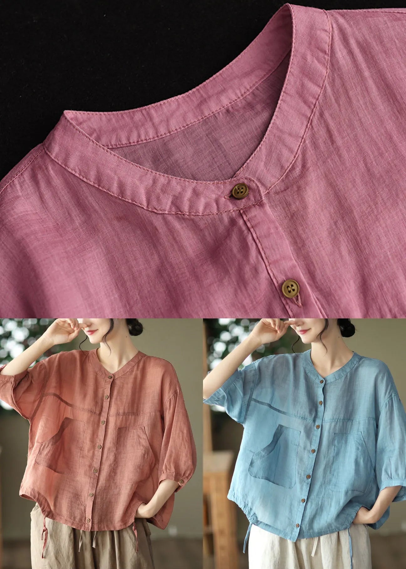 Rose O-neck Patchwork Linen Tops Bracelet Sleeve