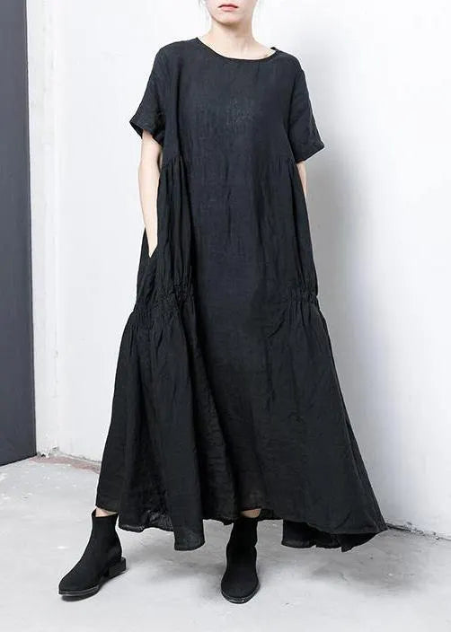 Linen Cotton Robes Pure Color Pleated A-line Dress