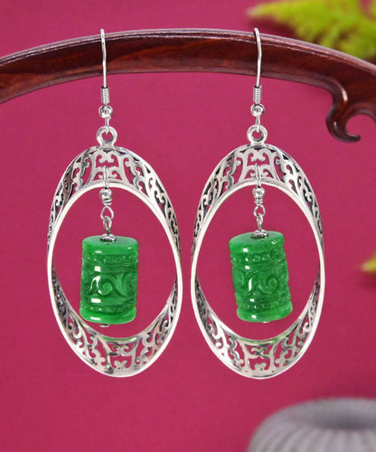 Green Sterling Silver Jade Dry Green Hollow Out Drop Earrings