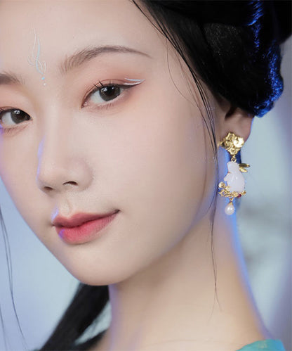 Stylish Yellow Sterling Silver Overgild Jade Pearl Xiangyun the Jade Hare Drop Earrings