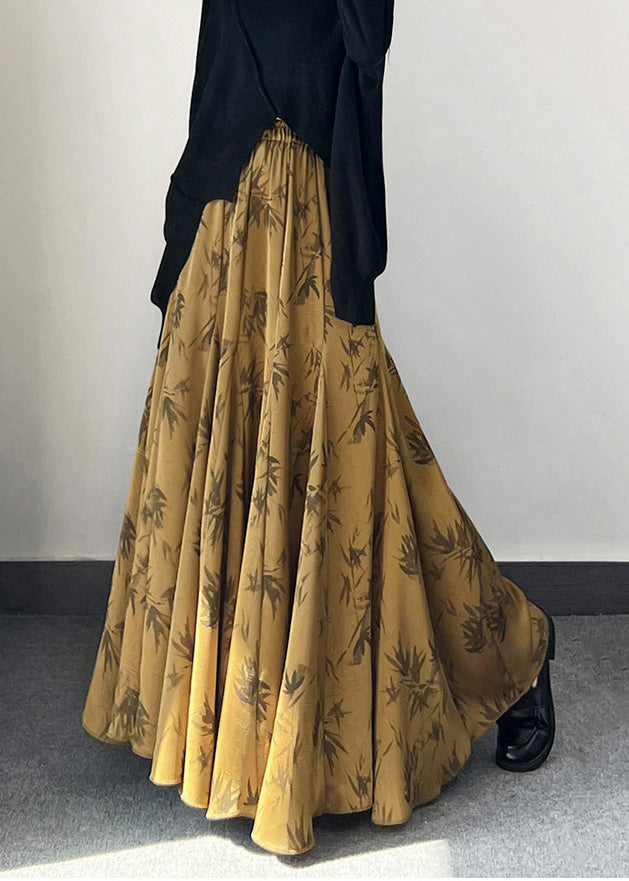 Golden Bamboo Print Exra Large Hem Silk Skirt Spring