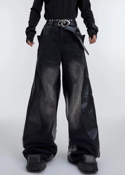 Black Faux Leather Patchwork Fared Trousers High Waist Fall