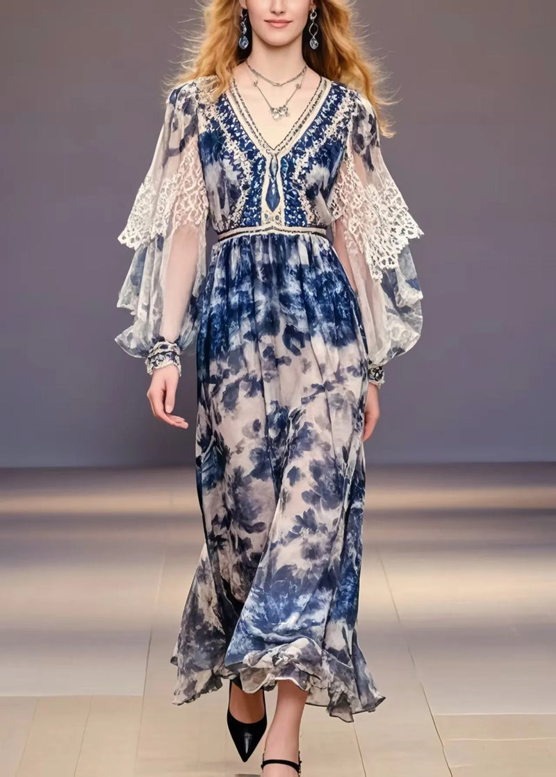 Navy Print Chiffon Party Dress Lantern Sleeve