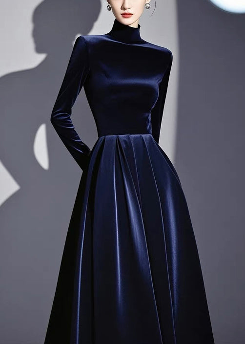 Slim Fit Navy Turtleneck High Waist Silk Velvet Dresses Spring