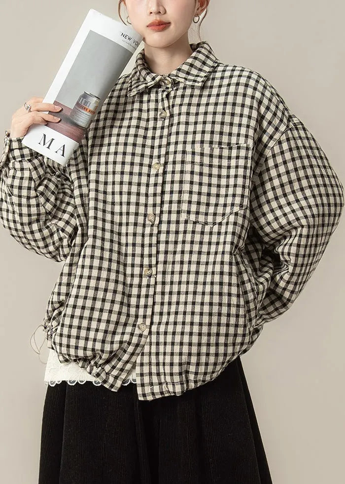 Black Plaid Pockets Oversized Cotton Filled Blouses Coat Peter Pan Collar