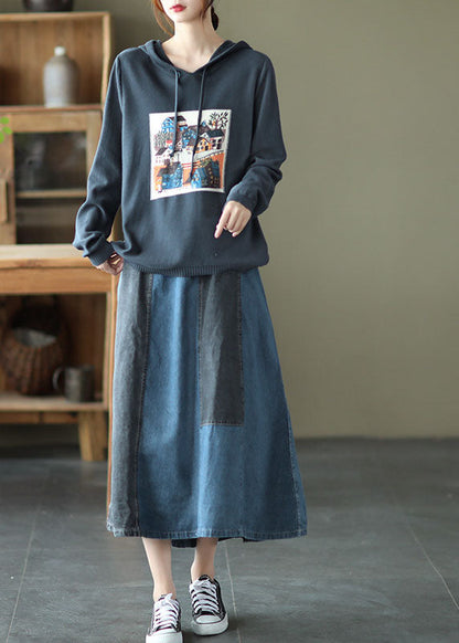 Light Blue Pocket Patchwork a Line Skirt Spring
