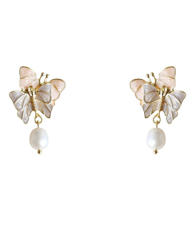 Colorblock Sterling Silver Overgild Pearl Butterfly Drop Earrings